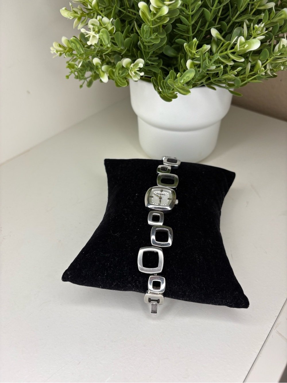 Fossil ES-1869 Silver Tone Open Link Bracelet Watch Y2K Geometric